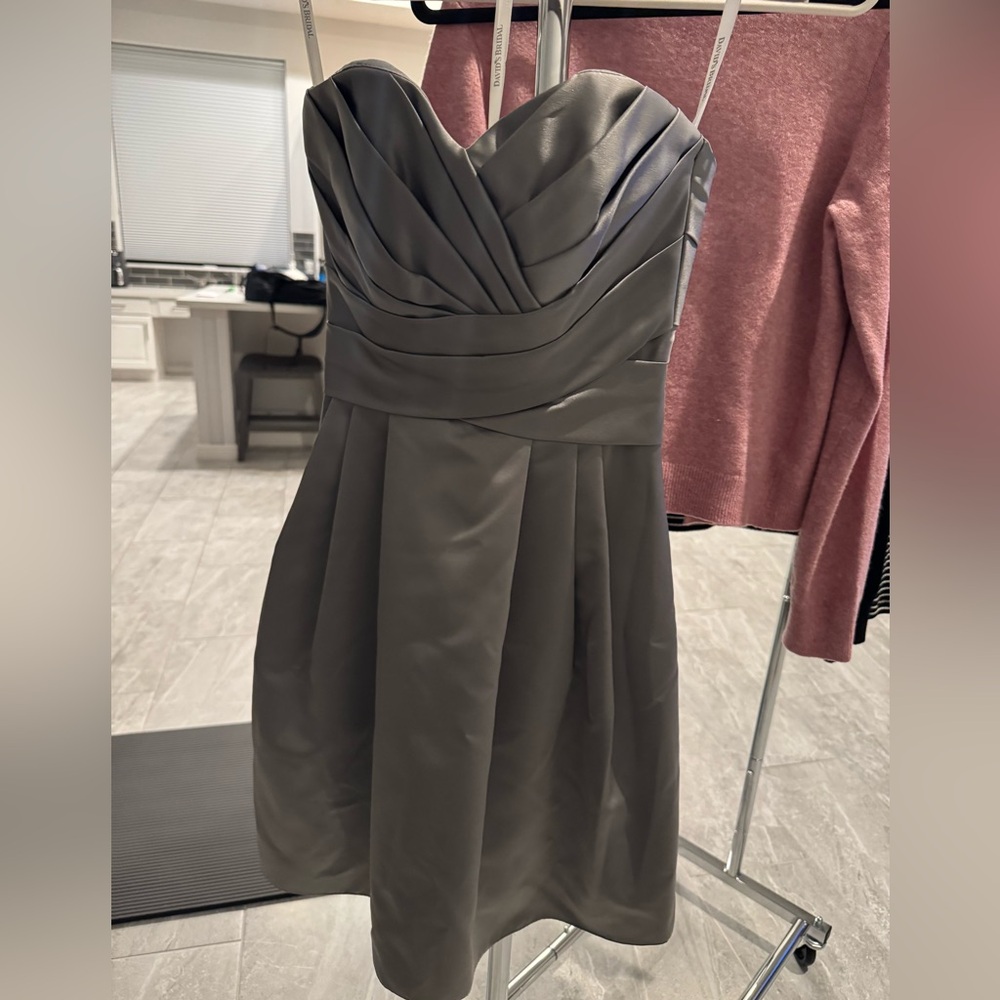 David's Bridal Grey Strapless Midi Dress